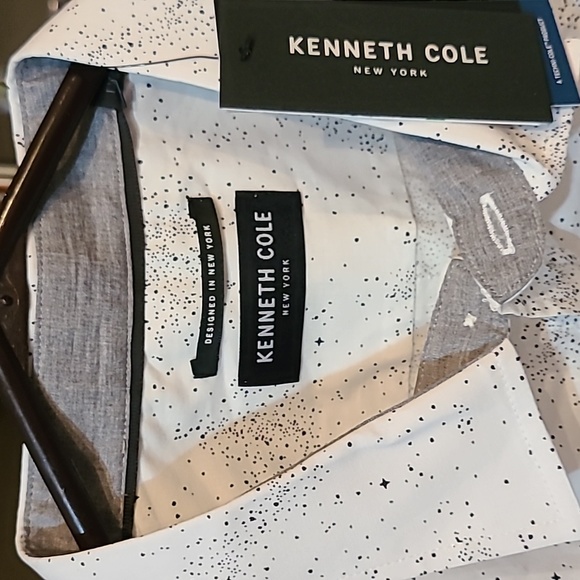 Kenneth Cole Button Down Shirt White With Speckled Black and Grey Trim Size L - Picture 14 of 16